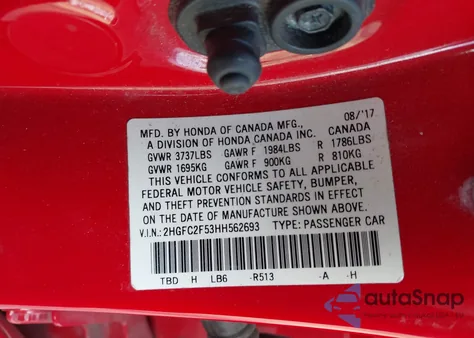 2017 Honda Civic Lx z USA, uszkodzony, nr VIN 2HGFC2F53HH562693